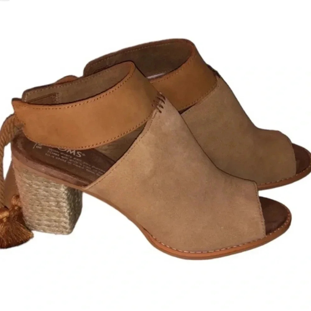 Toms Seville Tan leather and suede Sandals size 9 1/2 with 3 inch heels